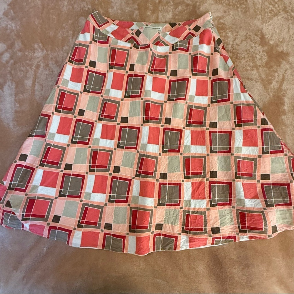 Valerie Stevens Silk Geometric Square Print A-Line Skirt Coral Brown 8P